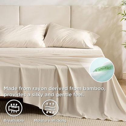 Bedsure California King Sheet Sets, Cooling Sheets, Rayon Derived from Bamboo, Breathable & Soft, Deep Pocket Up to 16 Inches, Hotel Luxury Silky Bedding for Hot Sleepers, Light Beige