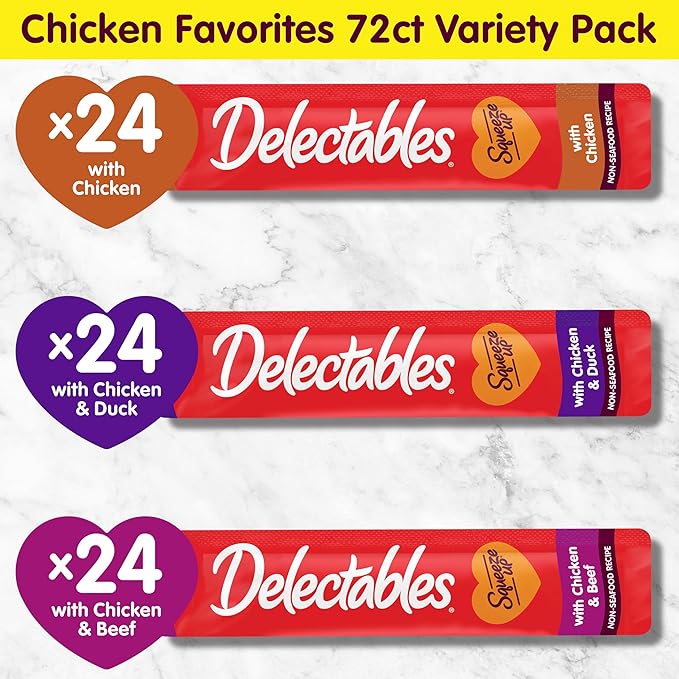 Delectables Squeeze Up Non-Seafood Variety Pack, Creamy Squeezable Puree, Lickable Wet Cat Treats, Grain Free, No Added Fillers, No By-Products, No Added Preservatives, 0.5 Ounces Tube, 72 Tubes Total-Mewly Pet
