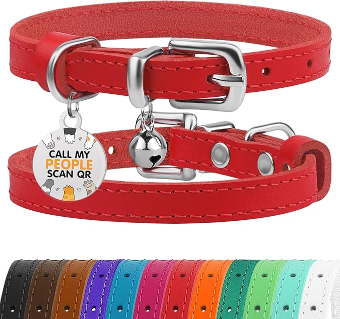 BRONZEDOG Leather Cat Collar with Removable Bells Non Breakaway Kitten QR Tag for Girl Boy (9" - 12" Cats/Mini Dogs, Red & Silver)-Mewly Pet