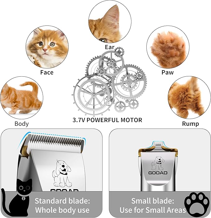 Goood Cat Clippers for Matted Hair - Cordless Cat Shaver, Low Noise Paw Trimmer, Quiet Pet Hair Clippers (Silver)-Mewly Pet