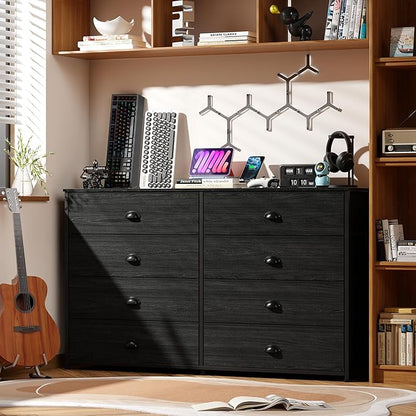 Furnulem Wide Dresser with 8 Fabric Drawers, TV Entertainment Center with Storage for 55'' TV, Large Chest of Drawers for Bedroom, Living Room, Dorm, Closet, Entryway, Wood Top (Black Oak)