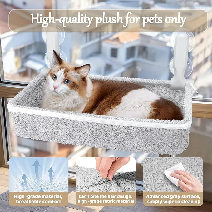 Cat Window Perch & Hammock - Exquisite Sofa Fabric, Safe & Comfortable Design with 4 Strong Suction Cups - Ideal for Large Cats (High Grade Gray, Large)-Mewly Pet