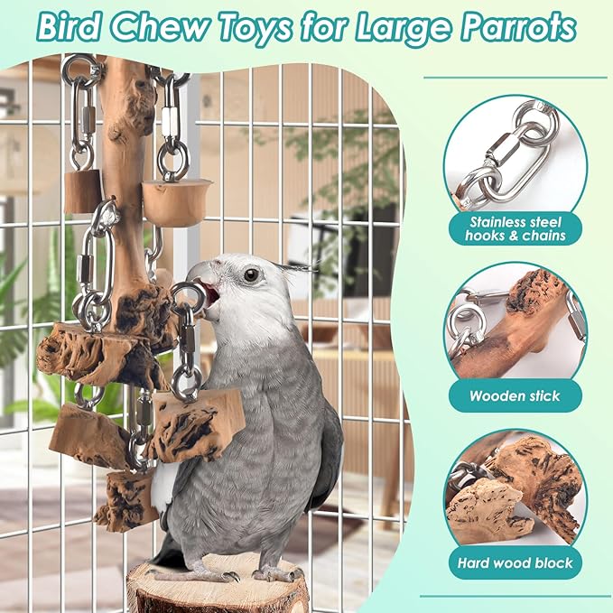 Bird Toys for Parrots, Durable Wooden Large Birds Toy with Stainless Steel, Hanging Natural Chew Hardwood Blocks for Macaws, African Greys, Amazon Parrot, Cockatoos and Small Medium Parakeets-Mewly Pet