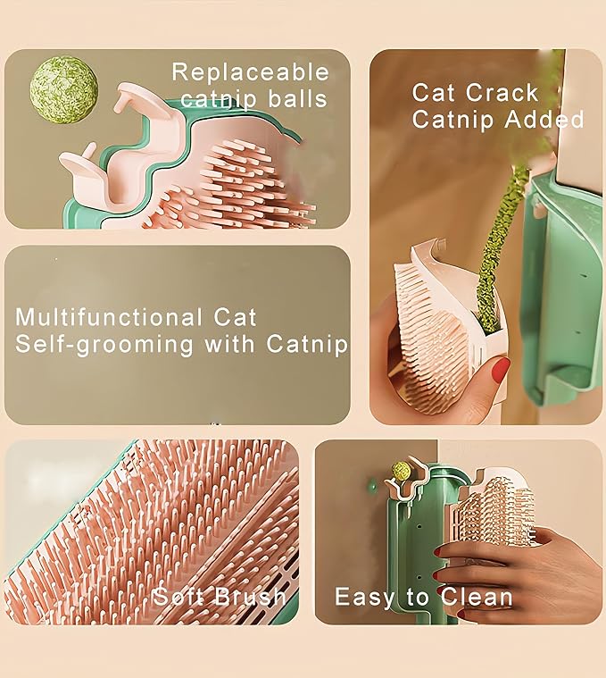 Catnip Toys for Indoor Cats 2 Pack, Stick on Wall Cat Brush with Catnip Ball Toys, 2 in 1 Massage & Self Groomer, Corner Brush-Mewly Pet
