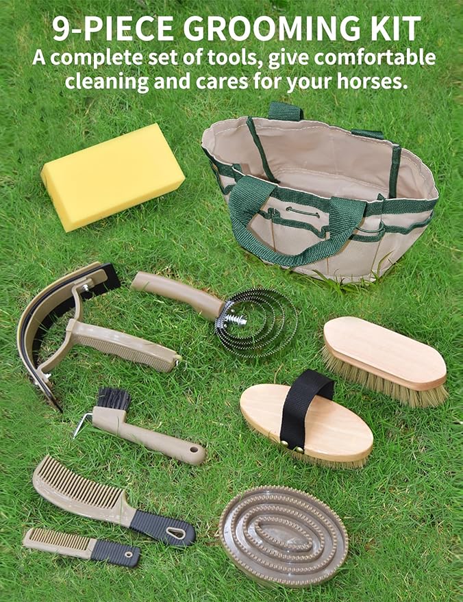 9 Pieces Horse Grooming Kit, Tack Room Supplies Set with Tote Bag, Horse Brush Set for Effective Cleaning and Bathing, Professional Equine Coat Care Kit for Horse Riders Beginner-Mewly Pet