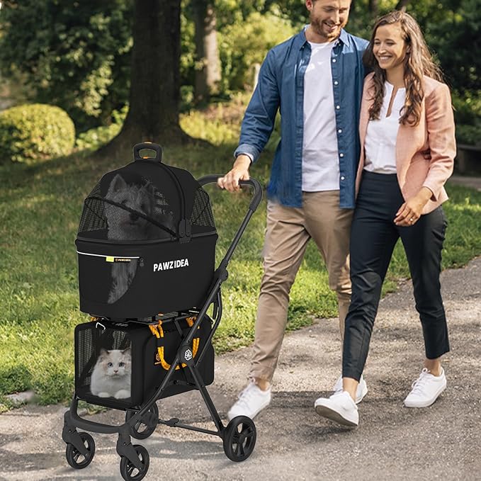 PAWZIDEA Double Pet Stroller with 2 Detachable Carriers, Portable Dog Crate for Car Travel & TSA-Approved Expandable Cat Carrier, Foldable Lightweight Jogger Stroller for 2–4 Cats or Small/Medium Dogs-Mewly Pet