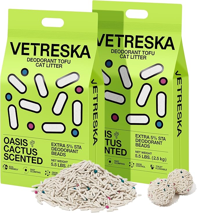 VETRESKA Tofu Cat Litter, Natural Kitty Litter Strong Clumping Flushable Pellets, Ultra Water Absorbent Deodorant Tofu Litter, Dust-Free Low Tracking Cat Litter, Cactus(5.5lb×2bags)-Mewly Pet