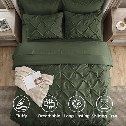 Bedsure California King Comforter Set Olive Green - Bed in a Bag Cal King Bedding Set 7 PCS, GentleSoft™ Pintuck Bed Set Gift for Family, Pinch Pleat Green Comforter with Sheets, Pillowcases & Shams