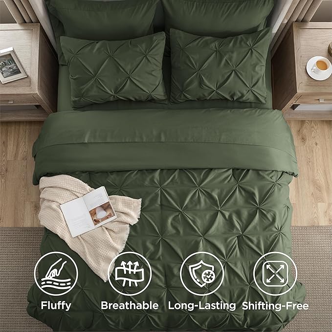 Bedsure Queen Comforter Set Olive Green - Bed in a Bag Queen Size Bedding 7 Pieces, GentleSoft™ Pintuck Bed Set Gift for Family, Pinch Pleat All Season Comforter with Sheets, Pillowcases & Shams