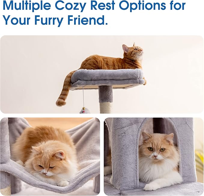 MWPO 70.1-Inch Large Cat Tree, Multi-Level Tall Cat Tower for Indoor Cats, Plush Cat Condo with Big Padded Perches, Sisal-Covered Scratching Posts, Hammock, Toys for Kittens & Cats - Light Grey-Mewly Pet