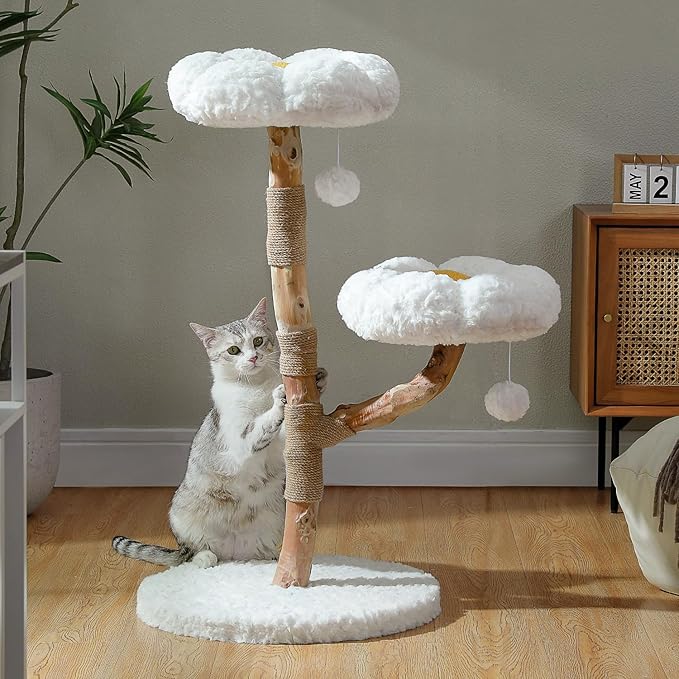 Wood Flower Cat Tree, Modern Cat Tower with Real Wood Branches, Luxury Boho Furniture with Scratching Post and 2 Perches, Cat Climbing Tower for Indoor Cats, Cloud White-Mewly Pet