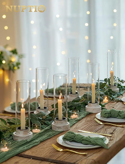 NUPTIO Dripless Candlestick Holders with Wax Catchers: Set of 2 Hurricane Glass Candle Holders with Metal Bobeches for Easier Reuse - White Wood Farmhouse Home Decor for Christmas Fireplace
