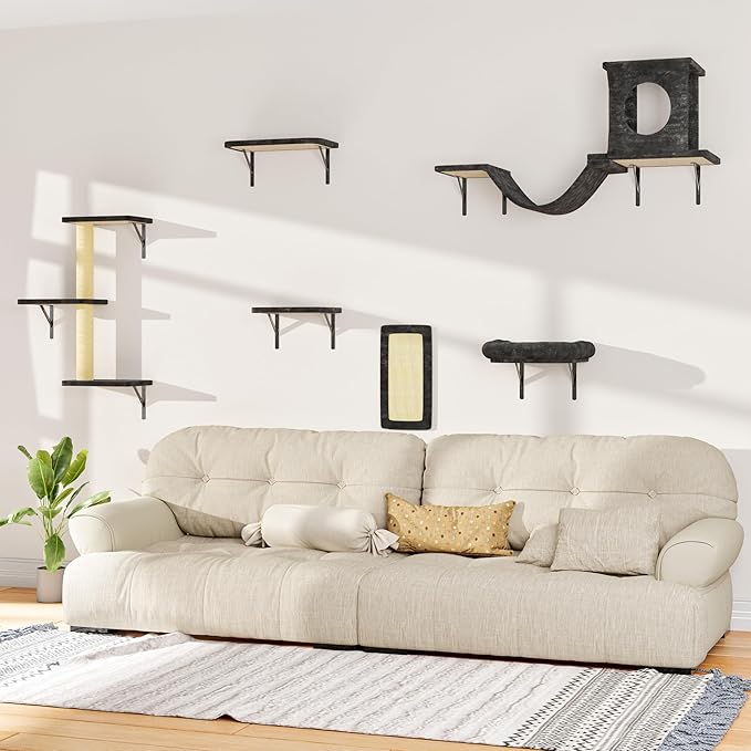 NUNU LAB Wall Mounted Cat Furniture, 6 Pcs Cat Wall Shelves with Condo House, Bridge, Steps, Scratcher, Hammock, Indoor Safe & Stable Furniture for Kittens Play, Dark Gray-Mewly Pet