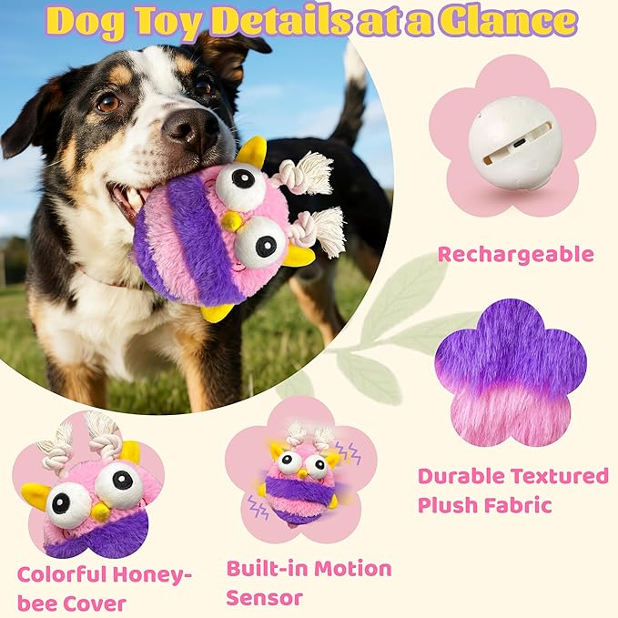 Moving Dog Toys – Rechargeable Interactive Dog Squeaky Toy with Motion-Activated Ball, Music, Recording & Silent Modes – Self-Play Toy for Small, Medium & Large Breeds (Bee)-Mewly Pet