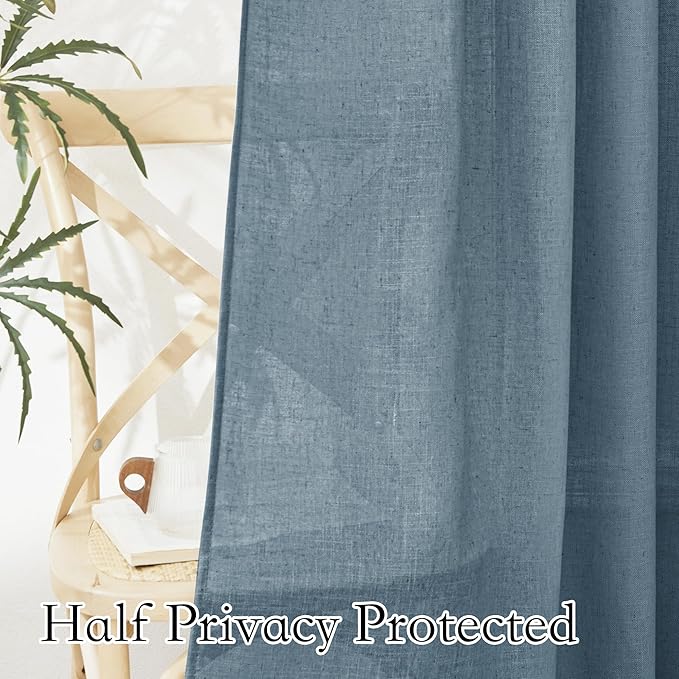 RYB HOME Linen Blended Semi Sheer Curtains - Semi Transparent Privacy Lightweight Elegant Decorative Country Rustic Panels for Dining Room Hallway, W 60 x L 90 inches, Stone Blue, 1 Panel
