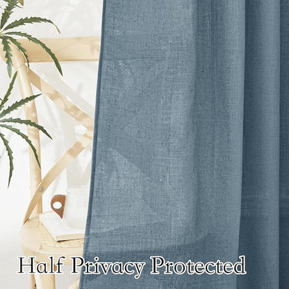 RYB HOME Extra Long Linen Curtains Semi Sheer Drapes Natural Linen Textured Blend Boho Window Decor for Living Room Bedroom Front Door High Ceiling Window, Stone Blue, W 52 x L 84, 1 Pair
