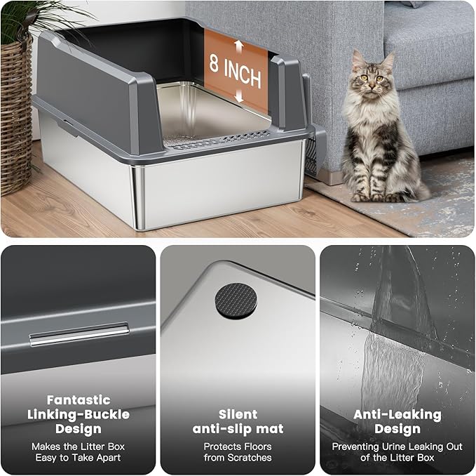 XXL Stainless Steel Cat Litter Box with High Sided, 27.6" L x 20" W x 14" H Extra Large Litter Box for Big Cats and Multiple Cats, Enclosure Cat Litter Pan with Anti-Urine Leakage, Easy Clean-Mewly Pet