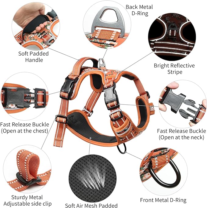 Timos Dog Harness for Medium Dogs, No Pull Service Vest with Reflective Strips and Control Handle,No Choke Dog Harness with 2 Metal Rings for Easy Walking,Outdoor Training,Flower Orange, M-Mewly Pet
