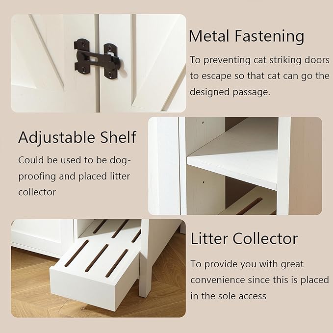 41.3'' Cat Litter Enclosure,Adjustable Shelf for Dog Proof and Storage,Locks Added for Cat, Litter Collector,Small Indoor Cat House,Antique White-Mewly Pet