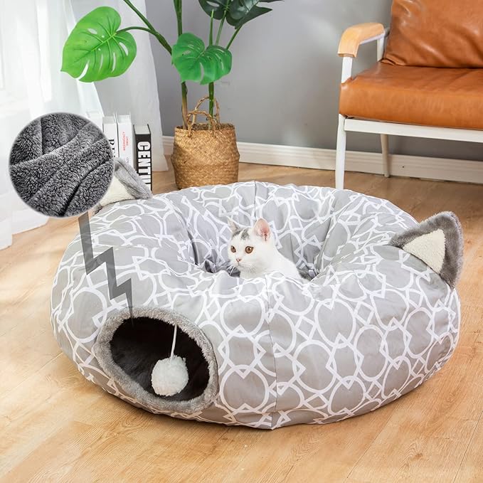 LUCKITTY Geometric Cat Tunnel Bed Oxford Outside with Plush Inside,Cats Toys Collapsible Tunnel Tube with Balls, for Rabbits, Kittens, Ferrets,Puppy 3FT-Mewly Pet