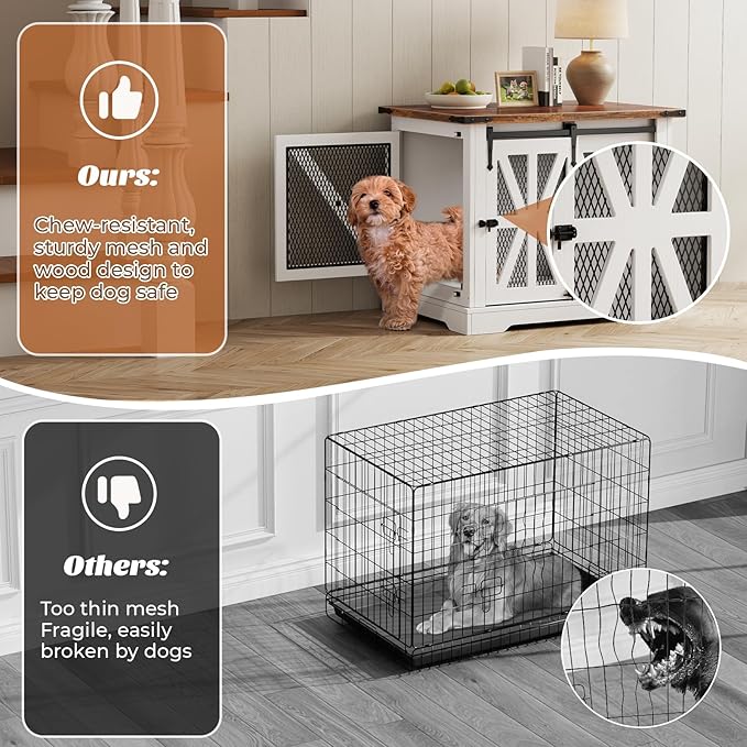VOPEAK 27.5" Small Dog Crate Furniture, Chew Resistant Dog Crate for Puppy Dogs, Heavy Duty Small Dog Crate Dog Kennel Indoor with Double Doors, Wooden End Table for Bedroom Living Room, White-Mewly Pet
