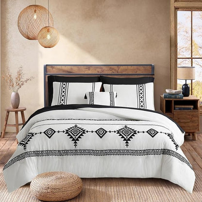 MaiRêve Embroidery Boho Comforter Sets Full Size - 7 Piece, Farmhouse Western White Black Comforter Set, All Season Bed in A Bag Full Size with Sheets, Pillowcases & Shams