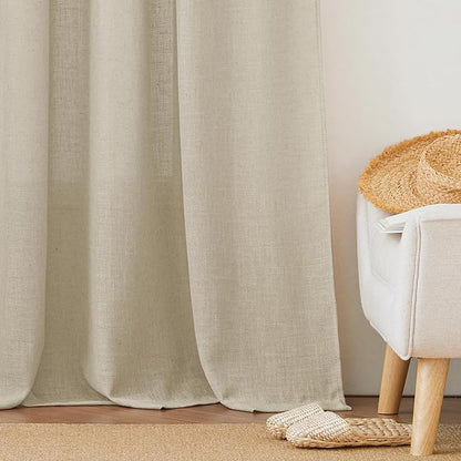 RYB HOME Linen Curtains 63 inch Length - Premium Flax Linen Material Soft Airy Breathable Semi Sheer Half Privacy Protected for Bathroom Girls Boys Bedroom Nursery, W 52 x L 63 inch, 2 Panels, Beige