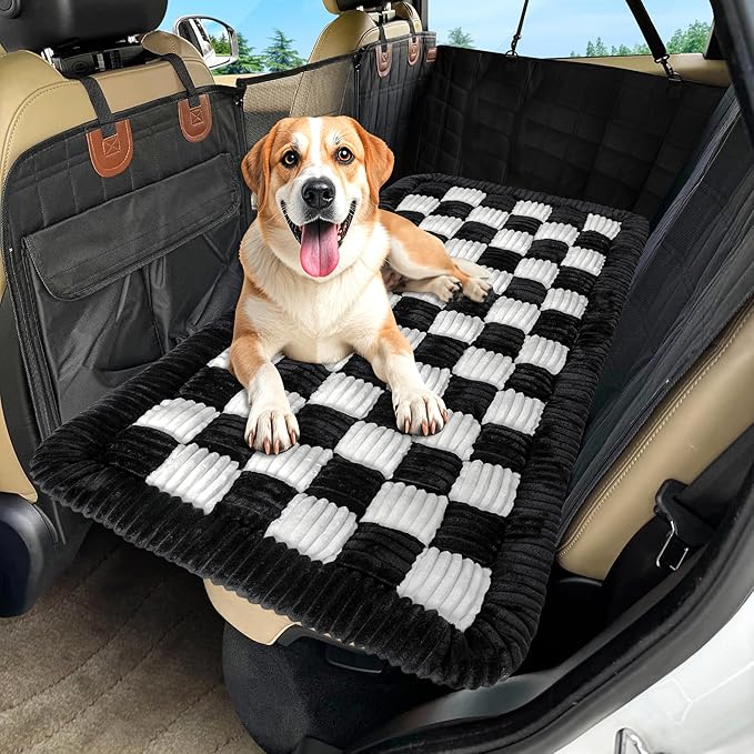 Dog Car Bed Mat, Non-Slip Backseat Extender Pet Blanket, Plaid Dog Bed for Trucks, Sedans & Large SUVs, Chew-Resistant Travel Pad for Dogs, Easy Clean & Scratch-Proof & Comfort (56"x28.7")-Mewly Pet