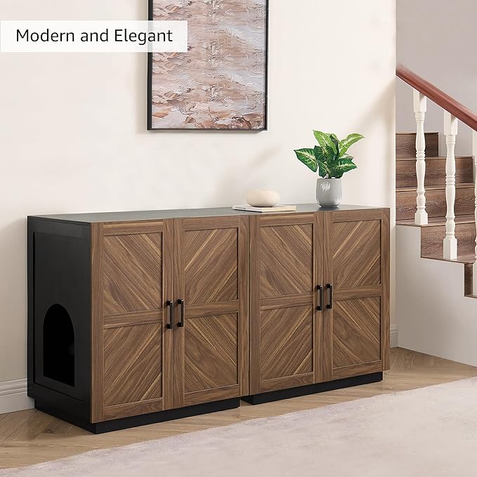 unipaws Cat Litter Box Enclosure with Shelves, Tall Hidden Litter Box Cover for Tall or Top Entry Litter Box, Kitty Enclosed Litter Box Cabinet, Cat Box Furniture, Walnut-Mewly Pet