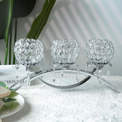 Set of 3 Gold Crystal Tea Light Candlestick Holders Flower Shape with Crystal Pendant Bowl Votive Metal Candle Holder for Table Centerpieces Wedding Home Decor (Silver, 3 arm)