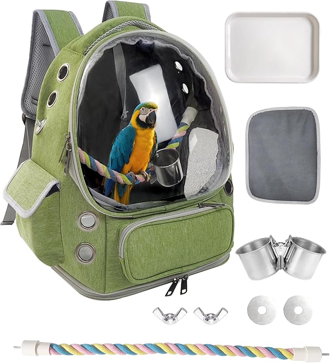 Bird Backpack Carrier Travel Cage with Perch, Tray &Food Cups for African Greys, Conures Parakeet Cockatiel Budgie,Small Animal Pet Carrier Bag for Vet Hiking Camping-Mewly Pet