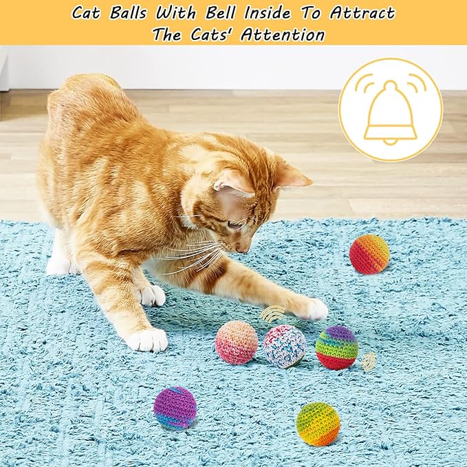 Retro Shaw Cat Toys Balls, Woolen Yarn Cat Ball Toy with Bell Inside, Kitten Toys for Indoor Cats, Interactive Cat Chew Toys for Kitty Kitten, 6 Pack-Mewly Pet