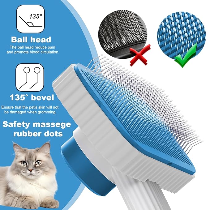Cat brush, Cat Brush for Long or Short Haired Cats, Remove Loose Fur and Mats, Rounded Pins Reduces Painful Pulling, Not for Tangle and Curly Fur, Azure-Mewly Pet