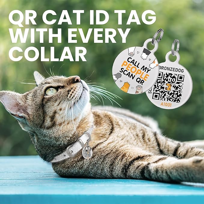 BRONZEDOG Leather Cat Collar with Removable Bells Non Breakaway Kitten QR Tag for Girl Boy (7" - 9" for Cats, White & Silver)-Mewly Pet