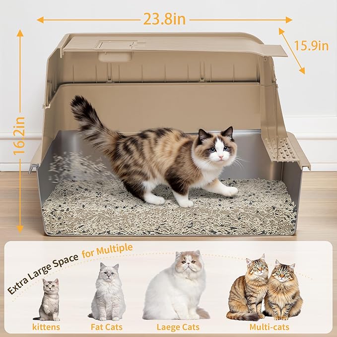 Stainless Steel Litter Box with Lid, XL Extra Large Cat Litter Box, Enclosed Metal Litter Pan with High Sided Enclosure & Scoop, Anti Leakage, Easy to Clean, Odor Control(Khaki)-Mewly Pet