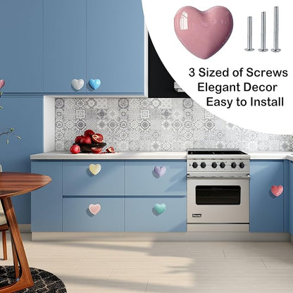 Ceramic Drawer Knobs Heart Shape Colorful Heart Cabinet Dresser Pulls Handles with 3 Sized Screws, Kitchen Furniture Knobs for Closet Cupboard Wardrobe (Mixed Color, 10 Pack)