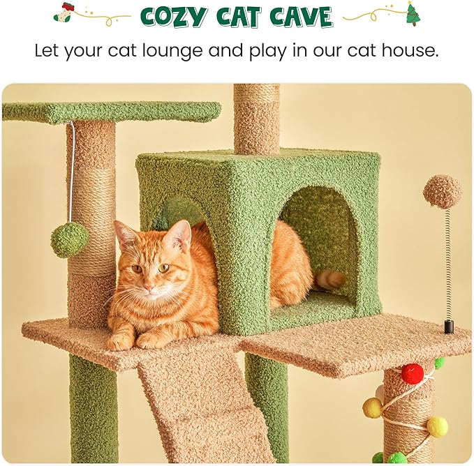 MWPO 63.8 Inches Green Cat Tree for Indoor Cats, Multi-Level Cat Tower with Sisal-Covered Scratching Posts, Padded Platform, Hammock, Dangling Toys, Stable Cat Condo Pet Play House-Mewly Pet