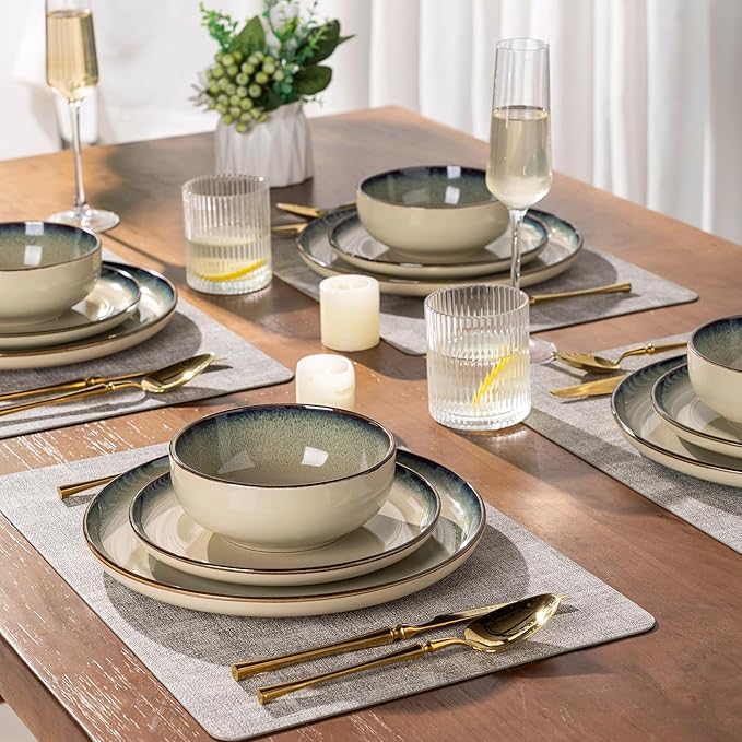 GBHOME Ceramic Dinnerware Sets for 4, 12 Pieces Stoneware Plates and Bowls Sets, Scratch Resistant Dishes, Dishwasher & Microwave Safe, Reactive Glaze-Gravel-Mewly Pet