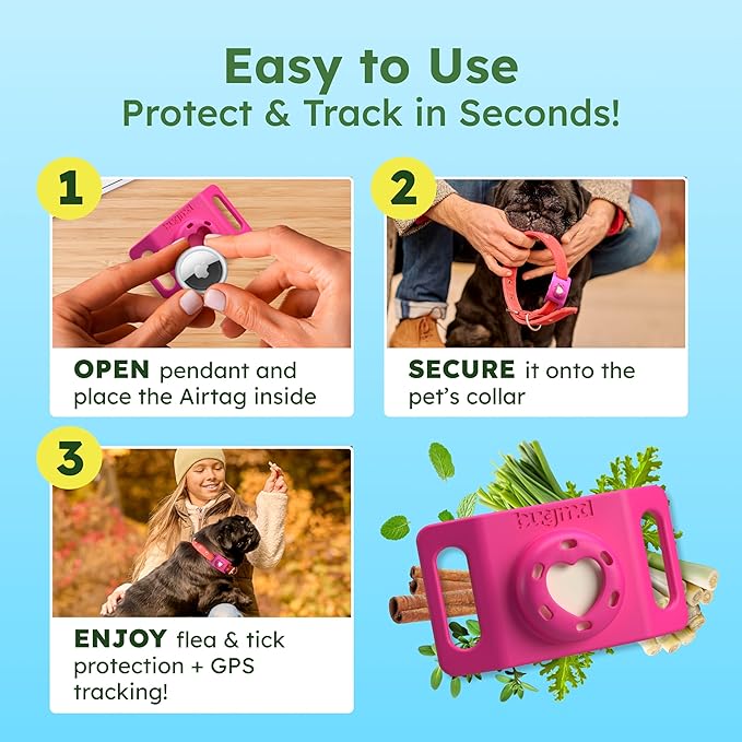 BugMD Paw Guardian Flea & Tick Pendant (3-Pack) with AirTag Holder – Plant-Based Flea & Tick Prevention for Dogs – Pet Collar Tag & GPS Tracker Holder for Dogs – Pink-Mewly Pet