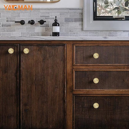 Brushed Gold Cabinet Knobs 6 Pack Round Sunflower Dresser Knob Drawer Hardware Furniture Cupboard Handles for Bathroom Kitchen SH-BG-K6