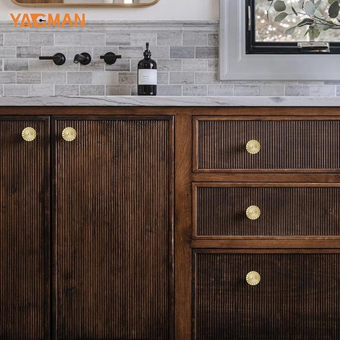Brushed Gold Cabinet Knobs 10 Pack Round Sunflower Dresser Drawer Hardware Furniture Cupboard Handles for Bathroom Single Hole Knob Kitchen SH-BG-K10