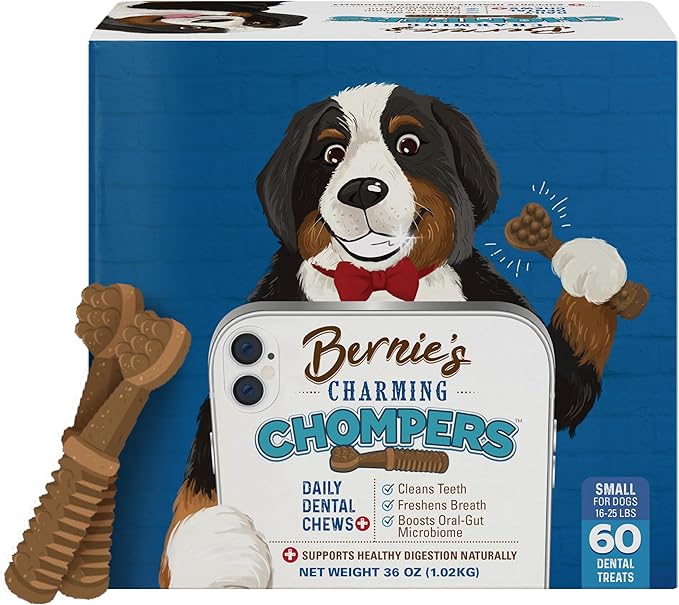 Bernie's Charming Chompers - Daily Dental Chews for Dogs - Cleans Teeth, Freshens Breath, + Boosts Oral-Gut Microbiome. Easy to Digest, Supports Healthy Digestion Naturally (36 oz, Small Dogs)-Mewly Pet