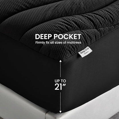 SLEEP ZONE Cooling Twin Mattress Topper for Single Bed, Premium Zoned Cool Mattress Pad Cover, Padded Mattress Protector Breathable Washable, Deep Pocket 8-21" (Black, Twin)
