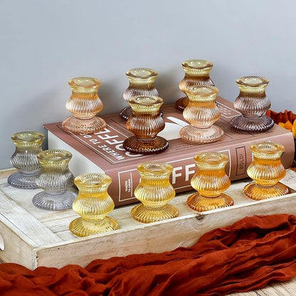 WDHODEC Orange Candlestick Candle Holders 12PCS Glass Taper Candle Holders for Table Centerpiece Colorful Gradient Candle Sticks for Wedding, Party and Festival Decoration