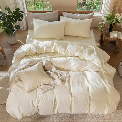 MooMee Bedding Duvet Cover Set 100% Washed Cotton Linen Like Textured Breathable Durable Soft Comfy (Solid Cream White, Super King 108"x98")