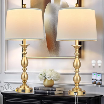 28" Tall Modern Table Lamps Set of 2 with USB A+C Ports and AC Outlet, 3 Way Touch Metal Bedside Lamps for Bedroom, Gold Farmhouse Nightstand Lamps for Living Room