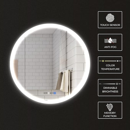 LED Round Vanity Mirror, Wall Mounted Lighted Vanity Makeup Mirror with Anti Fog Dimmable Touch Button Adjustable Color Temperature Memory Function 39 Inch by Fab Glass and Mirror