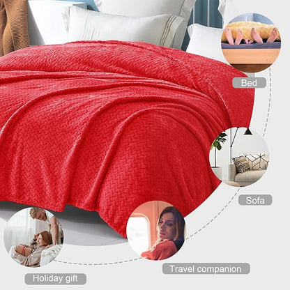 Exclusivo Mezcla Fleece Queen Size Blanket for Bed, 90x90 Inches Soft Cozy Jacquard Flannel Blankets, Lightweight Fuzzy Plush Warm for Winter, Red