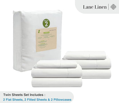 LANE LINEN 100% Organic Cotton Twin Sheets Set, 6Pc Twin Bed Sheets, Breathable Cotton Sheets Twin Size Bed Set, Dorm Room Essentials with 15" Deep Pocket Fitted Sheet - White Twin Sheets (2 Pack)