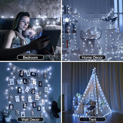 Star String Lights Plug in - 33 ft 100 LED Star Fairy String Lights with Remote and Timer, 8 Modes Waterproof for Bedroom Tent Loft Bed Window Backyard Patio Porch Balcony Staircase Party, White
